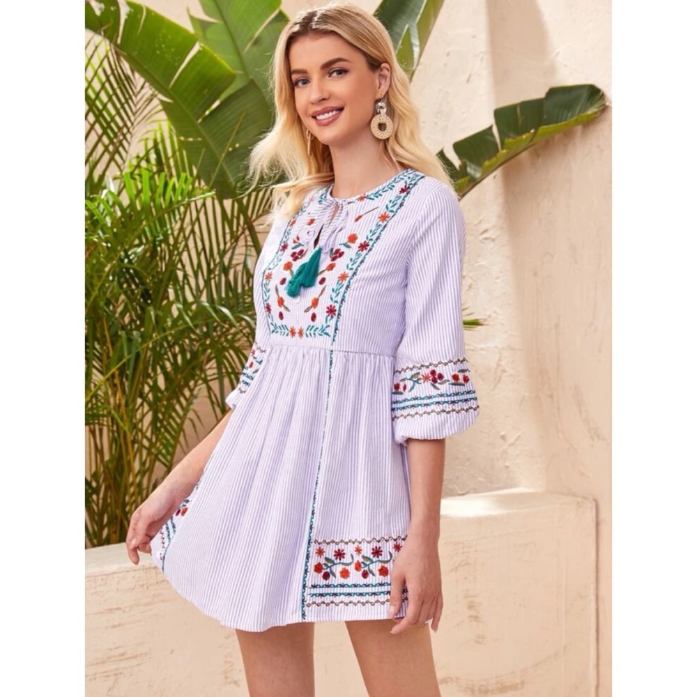 NWOT Striped Floral Embroidered Tie Neck Dress